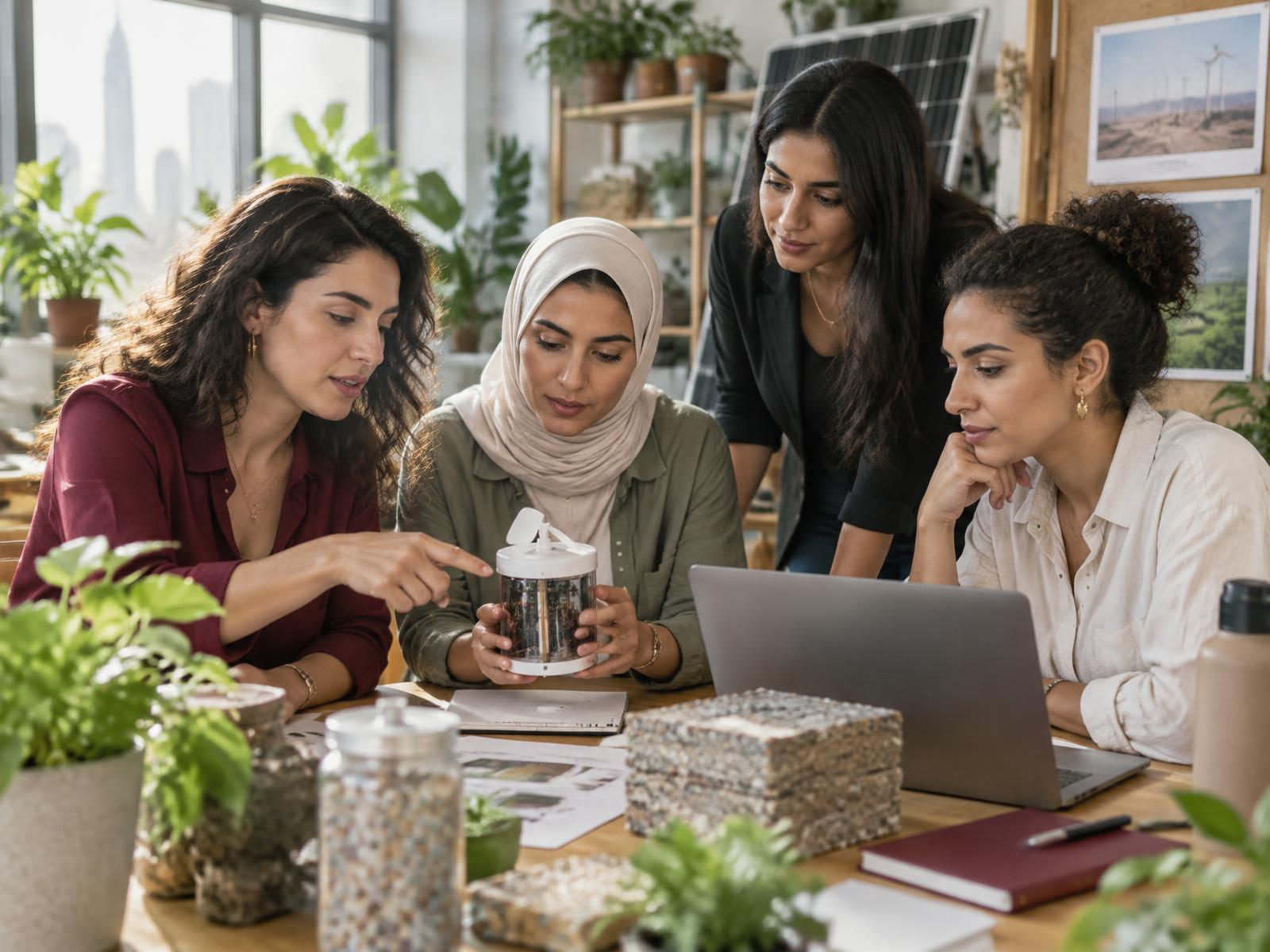 Women founders collaborating on a climate technology prototype in a bright workshop