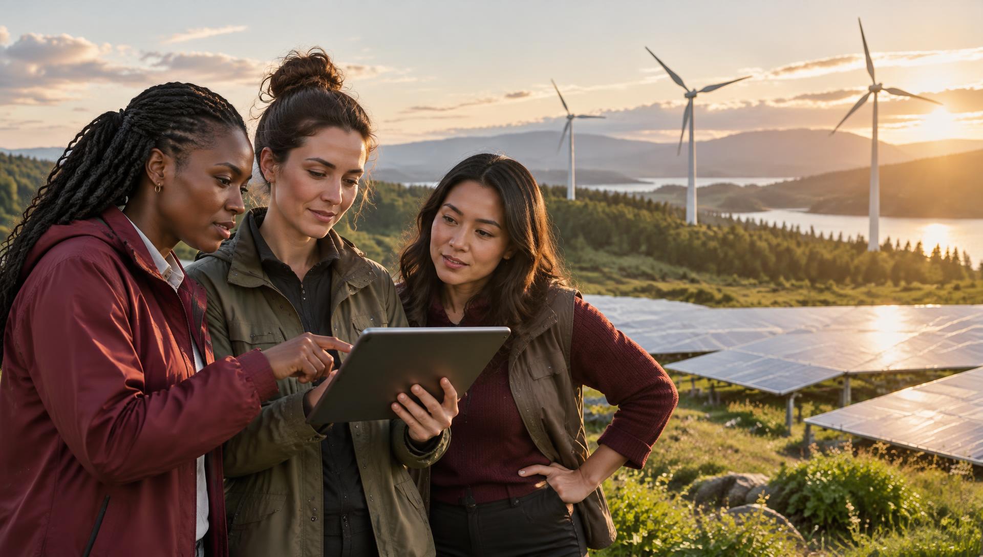 Women climate entrepreneurs reviewing data at a renewable energy site